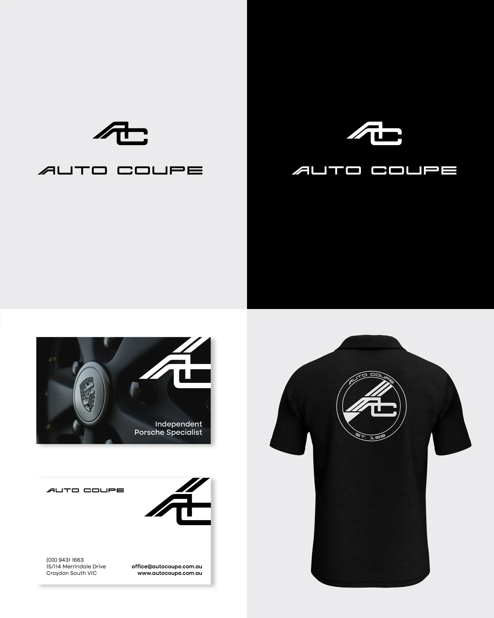 Auto Coupe — Wordmark on light and dark, business cards and polo shirt