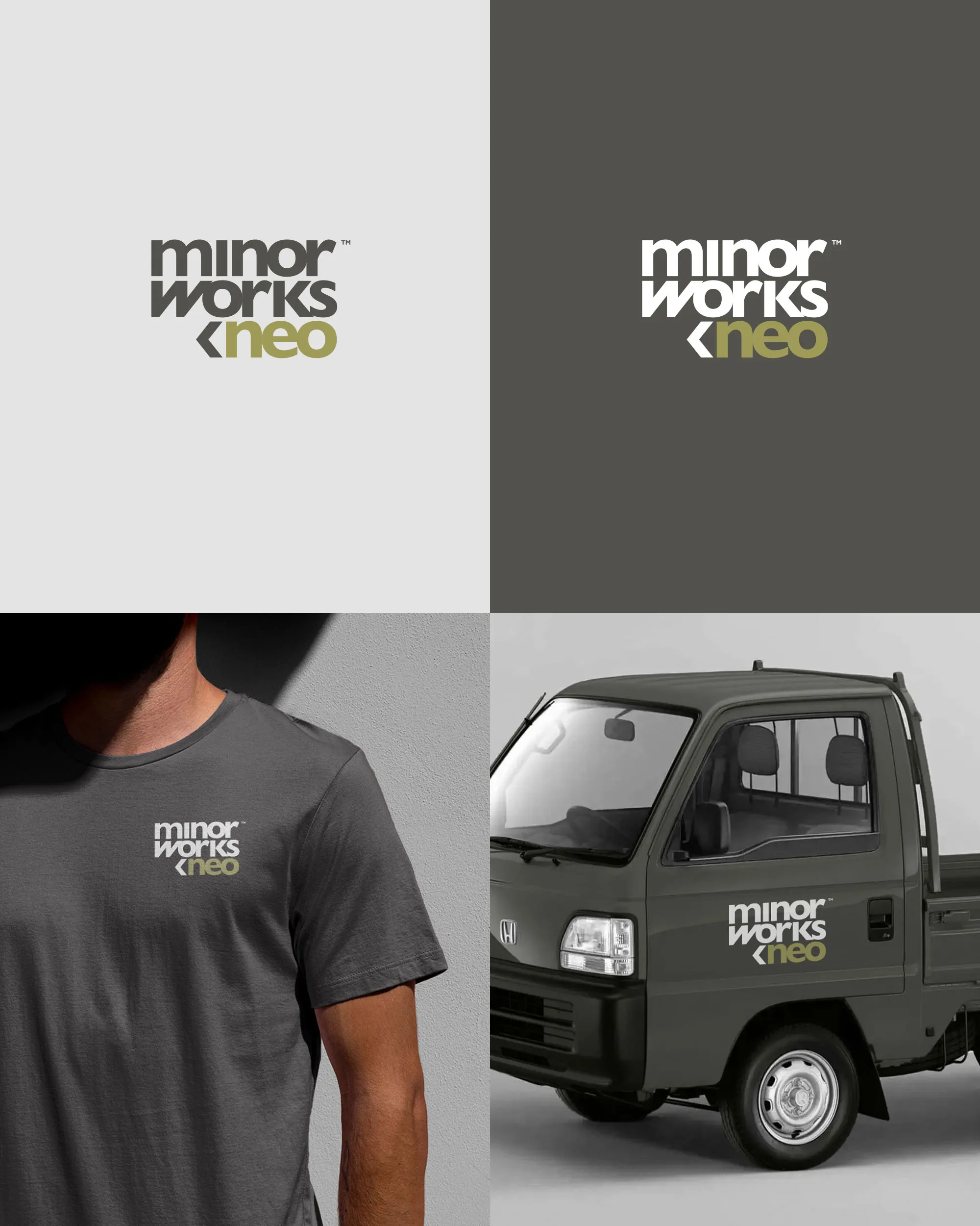 Minor Works by Neo — Wordmark on light and dark, T-shirt and vehicle