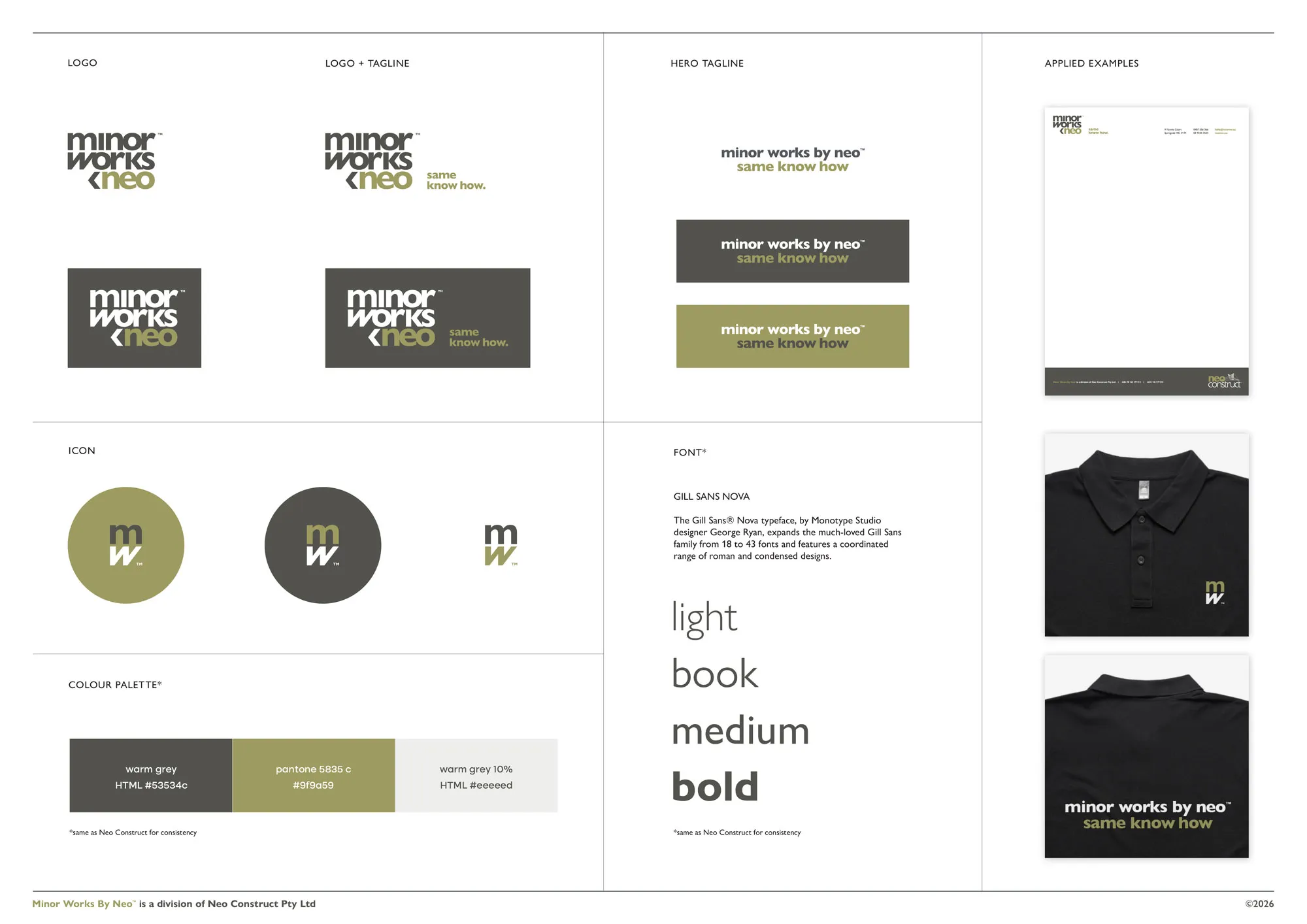 Minor Works by Neo — Logo, icon, palette, typography and applied examples