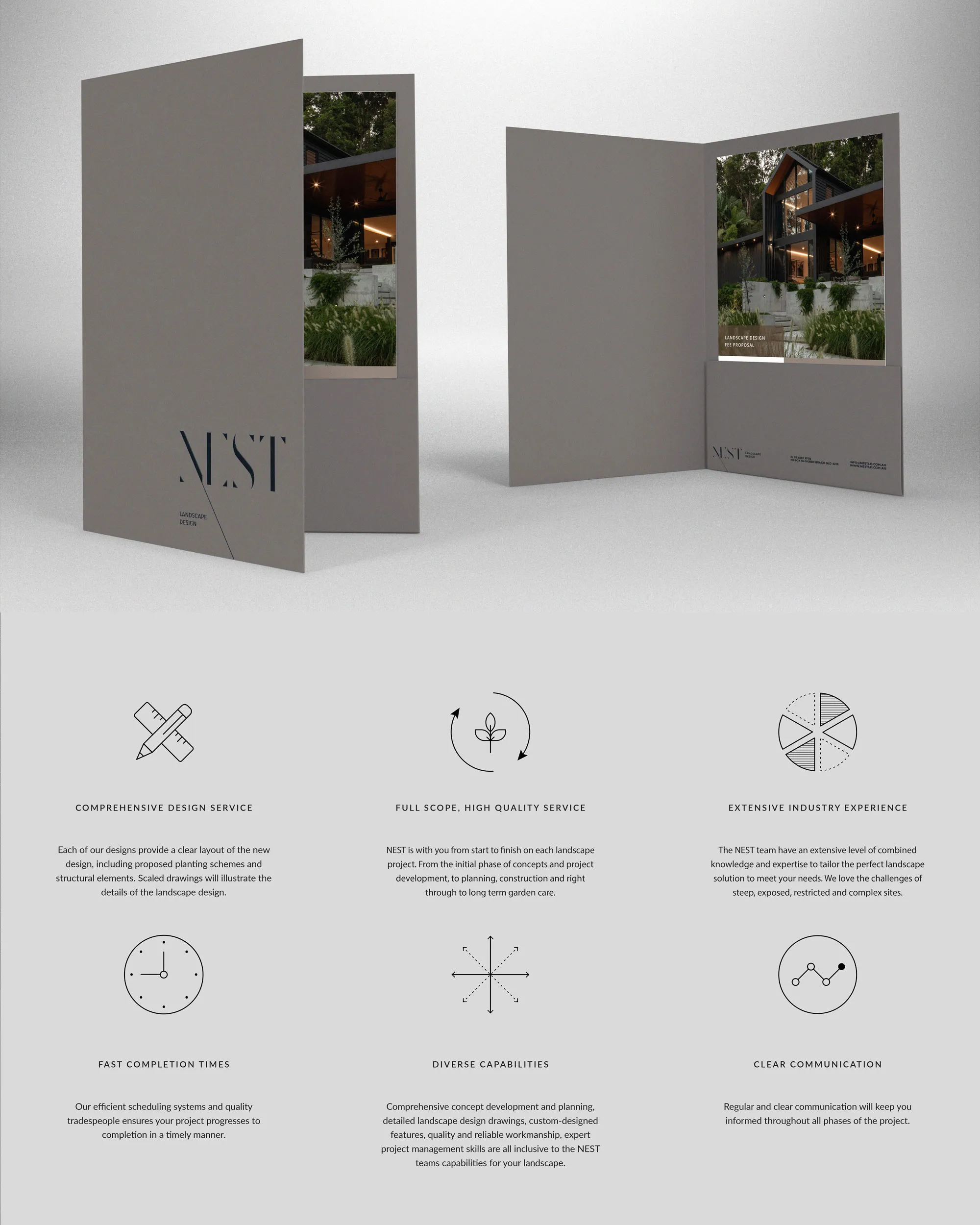 NEST Landscape Design — Presentation folder and service icons